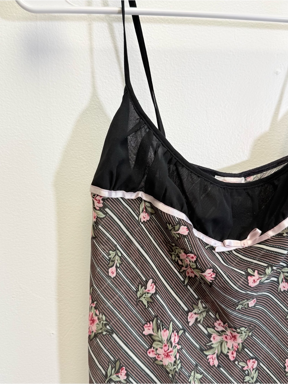 VTG Y2K Black Pink Floral Stripe Sheer Mini Slip Dress Large Coquette Bow - Picture 5 of 9
